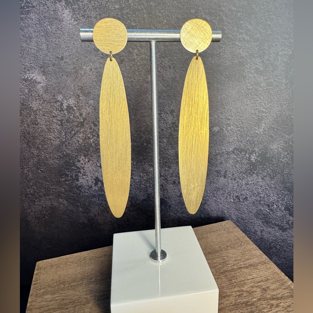 Brushed Gold Tone Oval Drop Earrings - SKU J
